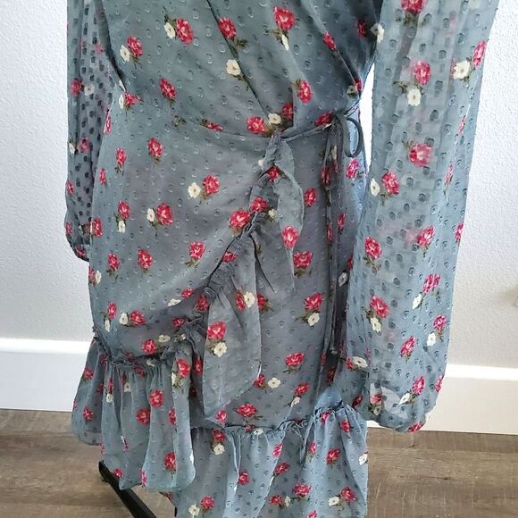 WAYF Women’s Wrap Dress XS Blue Pink Floral Long Sleeve Sheer Romantic - Picture 8 of 13